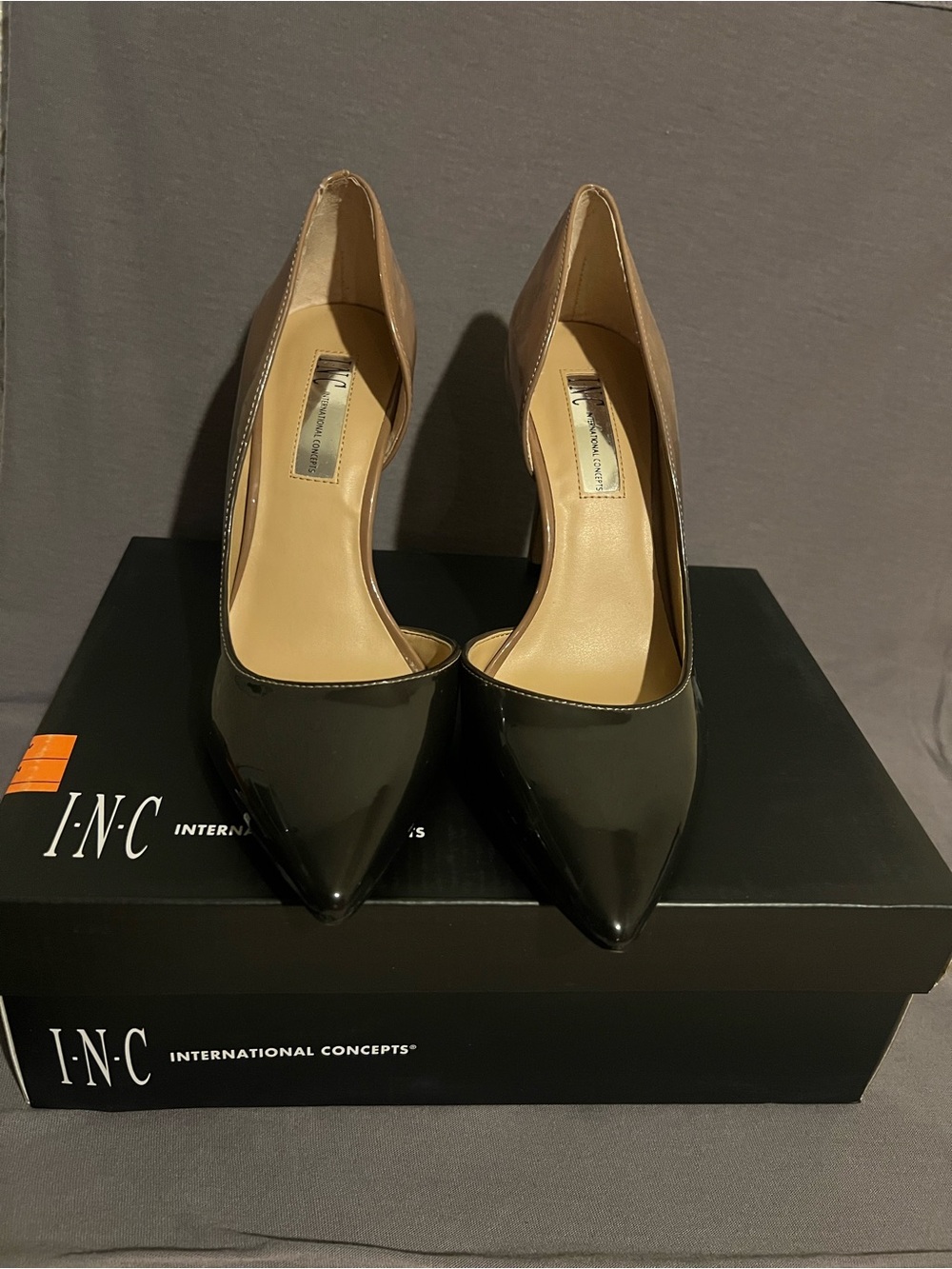 INC International Concepts Two-Tone Pointed Toe Pumps in Black and Nude